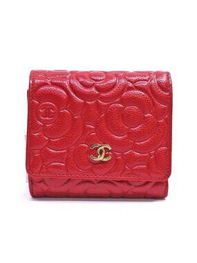 Chanel Trifold Wallet Camellia Red Caviar Leather CC Logo